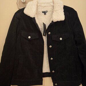 Black Corduroy Jacket Coat w\Faux Lambswool Interior Button Up Size Small.